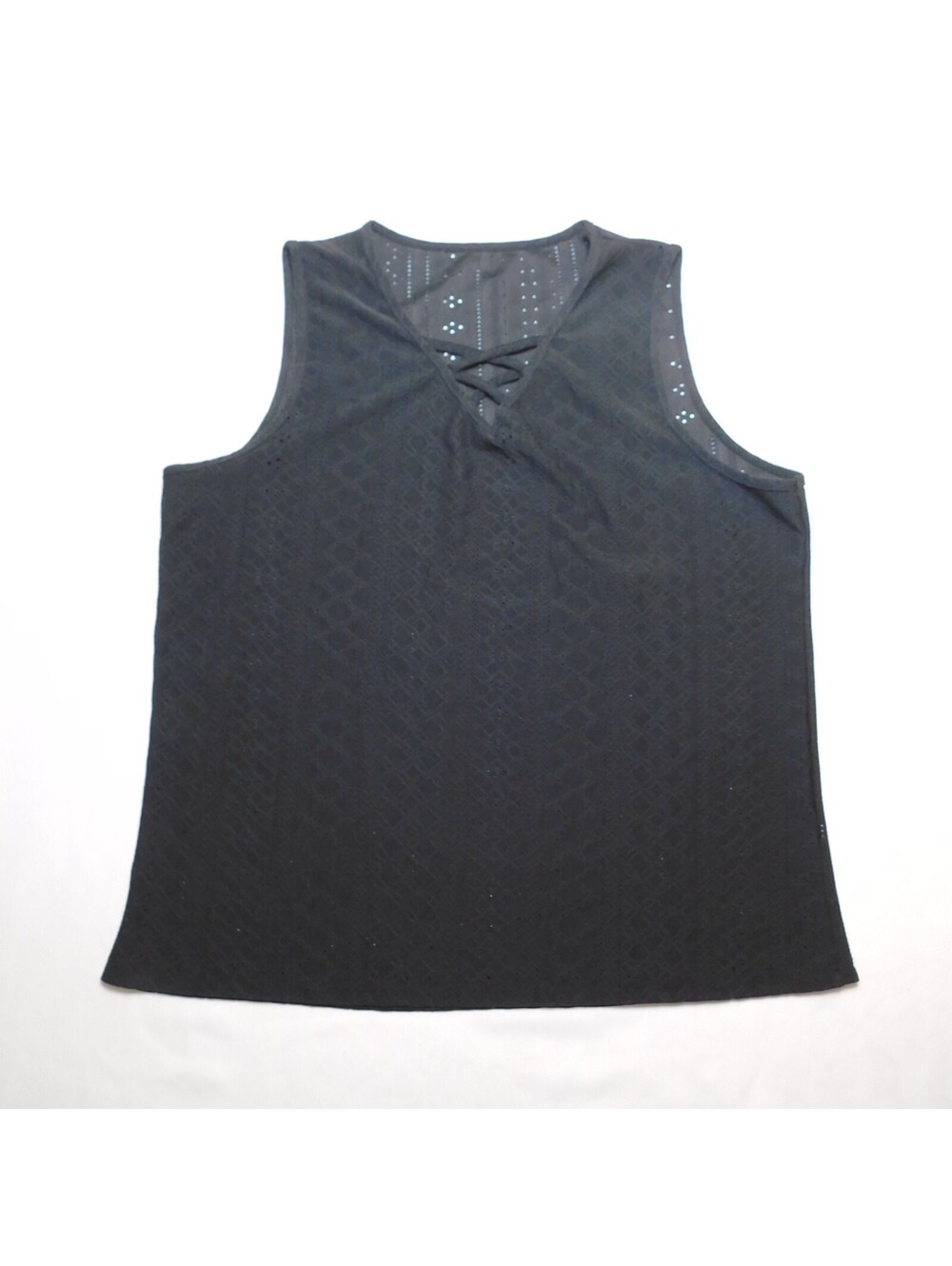Womens 2XL Black Tank Top Criss Cross Strappy V-Neck Pointelle Eyelet Knit Sleev